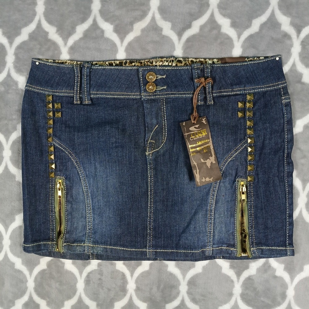 Clash Jeans Denim Mini Skirt Size XL Studded Leopard Cowgirl Y2K Punk Festival